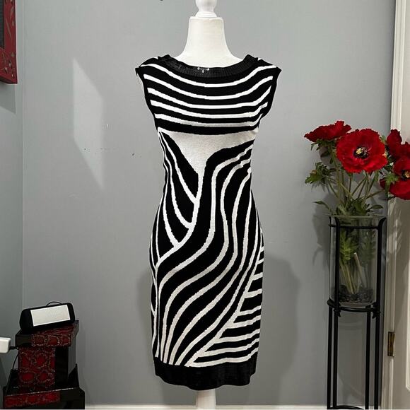 NEW INC Iridescence Variant Stripe Sequin Two Tone Fitted Knit Midi Dress S NWT - Picture 1 of 16